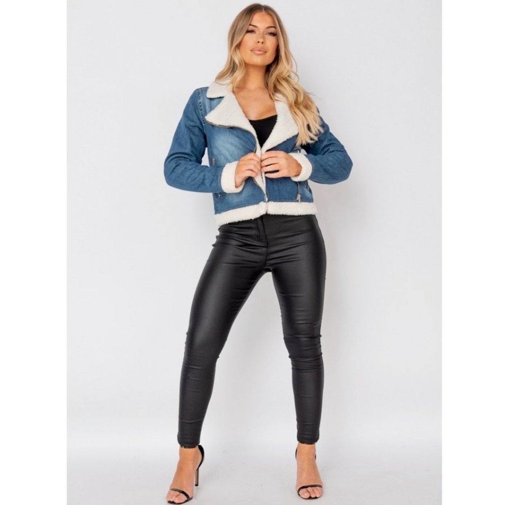 Denim and Teddy Bear Fur Long Sleeve Biker Jacket - Picture 4 of 13